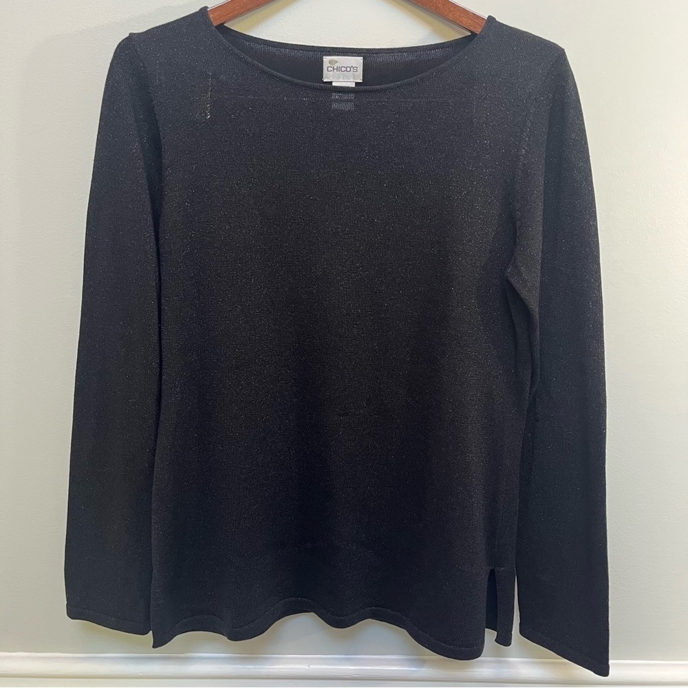 Chico's Sparkling Black Crew Neck Silk Sweater Size S